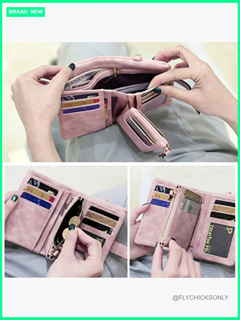 Women's RFID Leather Bifold Trifold Wallet with Wristlet, Mini Clutch Purse - Picture 3 of 7